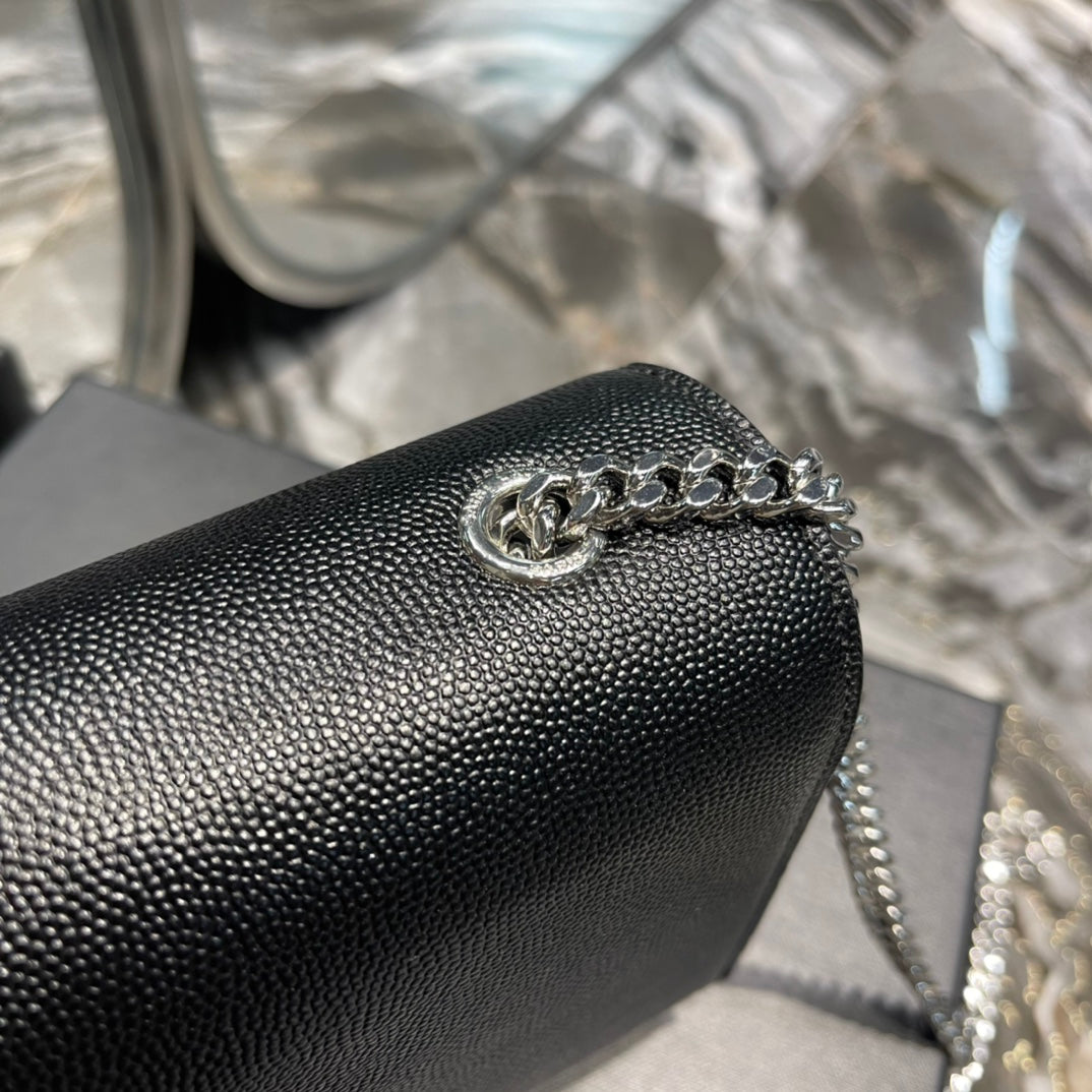 Saint Laurent Sunset Chain Wallet in Grain de Poudre Embossed Leather - Black