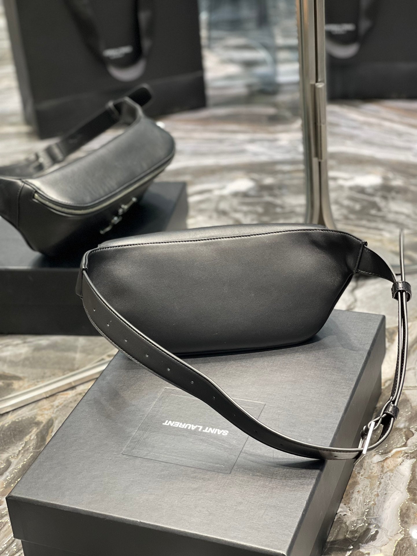 Saint Laurent Cassandre Leather Belt Bag in Black with Silver-Tone Hardware