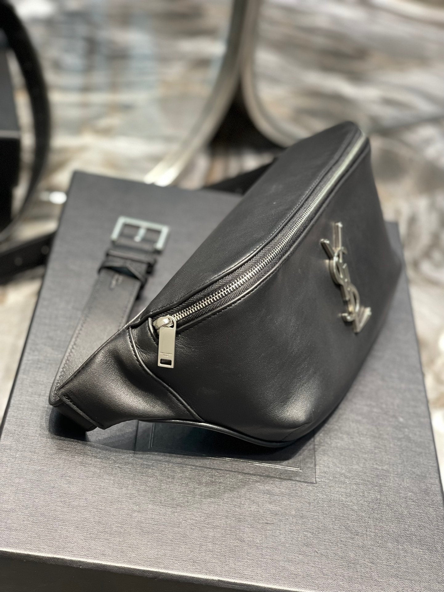 Saint Laurent Cassandre Leather Belt Bag in Black with Silver-Tone Hardware