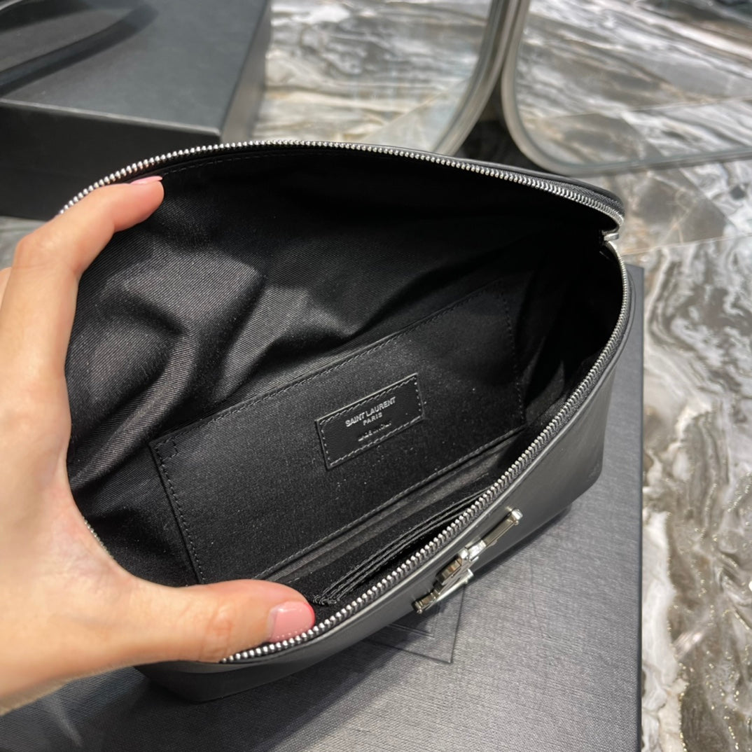 Saint Laurent Cassandre Leather Belt Bag in Black with Silver-Tone Hardware