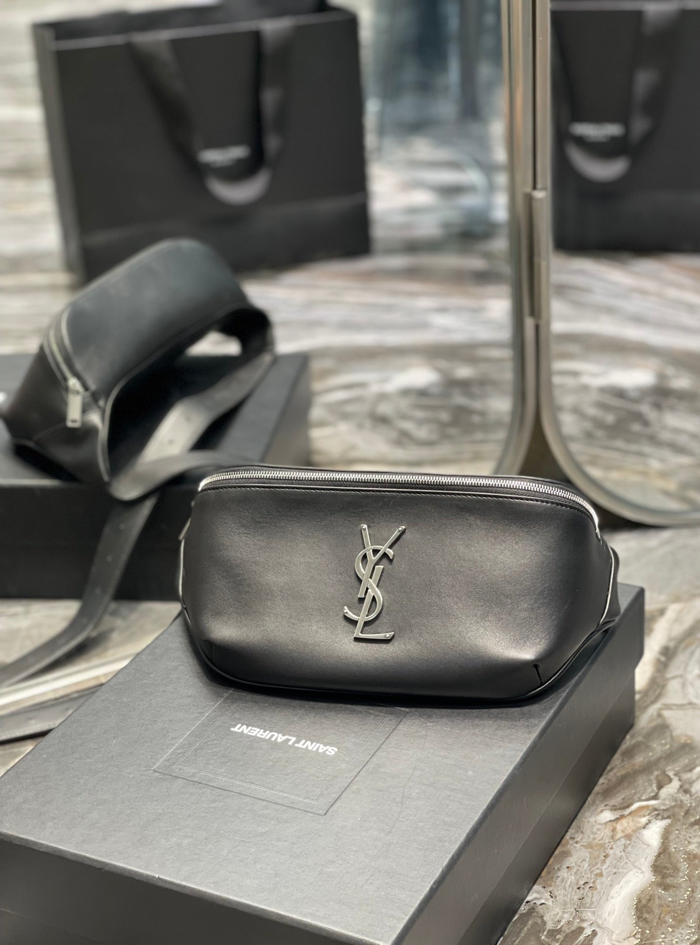 Saint Laurent Cassandre Leather Belt Bag in Black with Silver-Tone Hardware