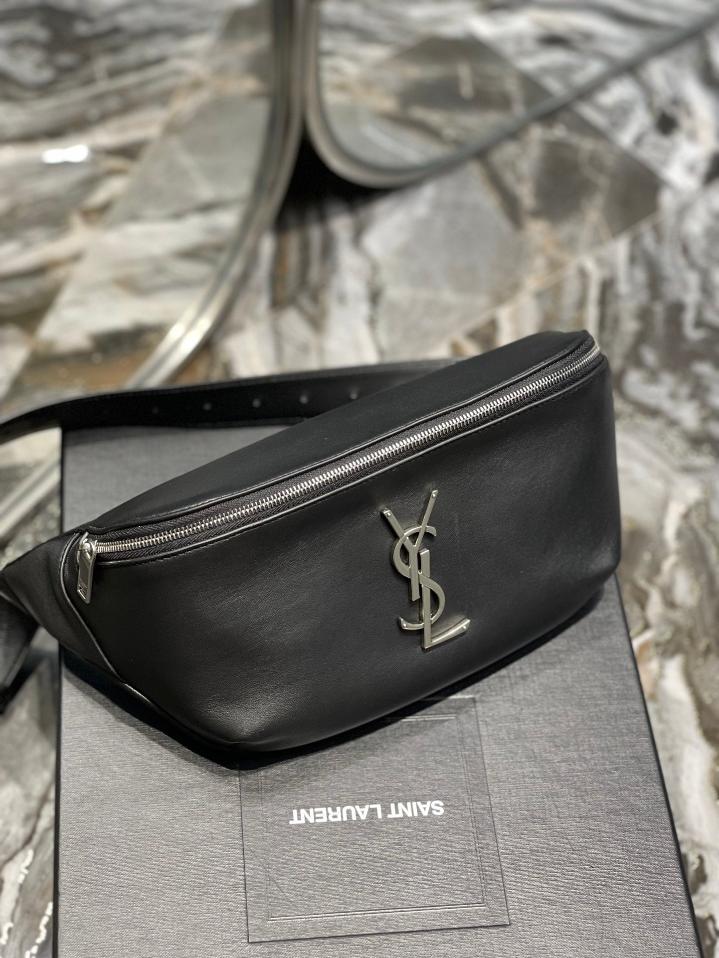 Saint Laurent Cassandre Leather Belt Bag in Black with Silver-Tone Hardware