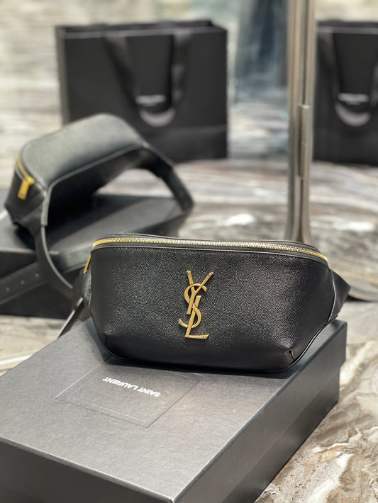 Saint Laurent Cassandre Belt Bag in Black Grained Leather
