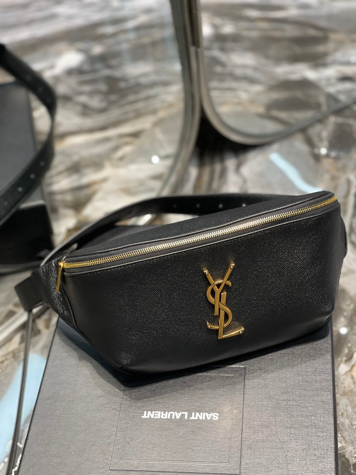 Saint Laurent Cassandre Belt Bag in Black Grained Leather
