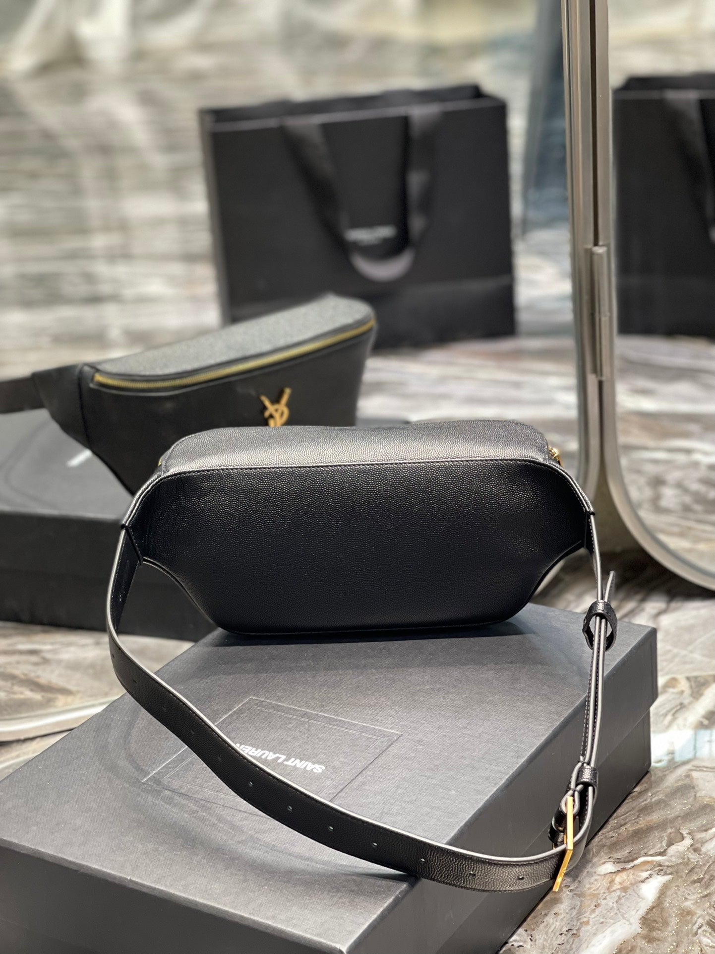Saint Laurent Cassandre Belt Bag in Black Grained Leather