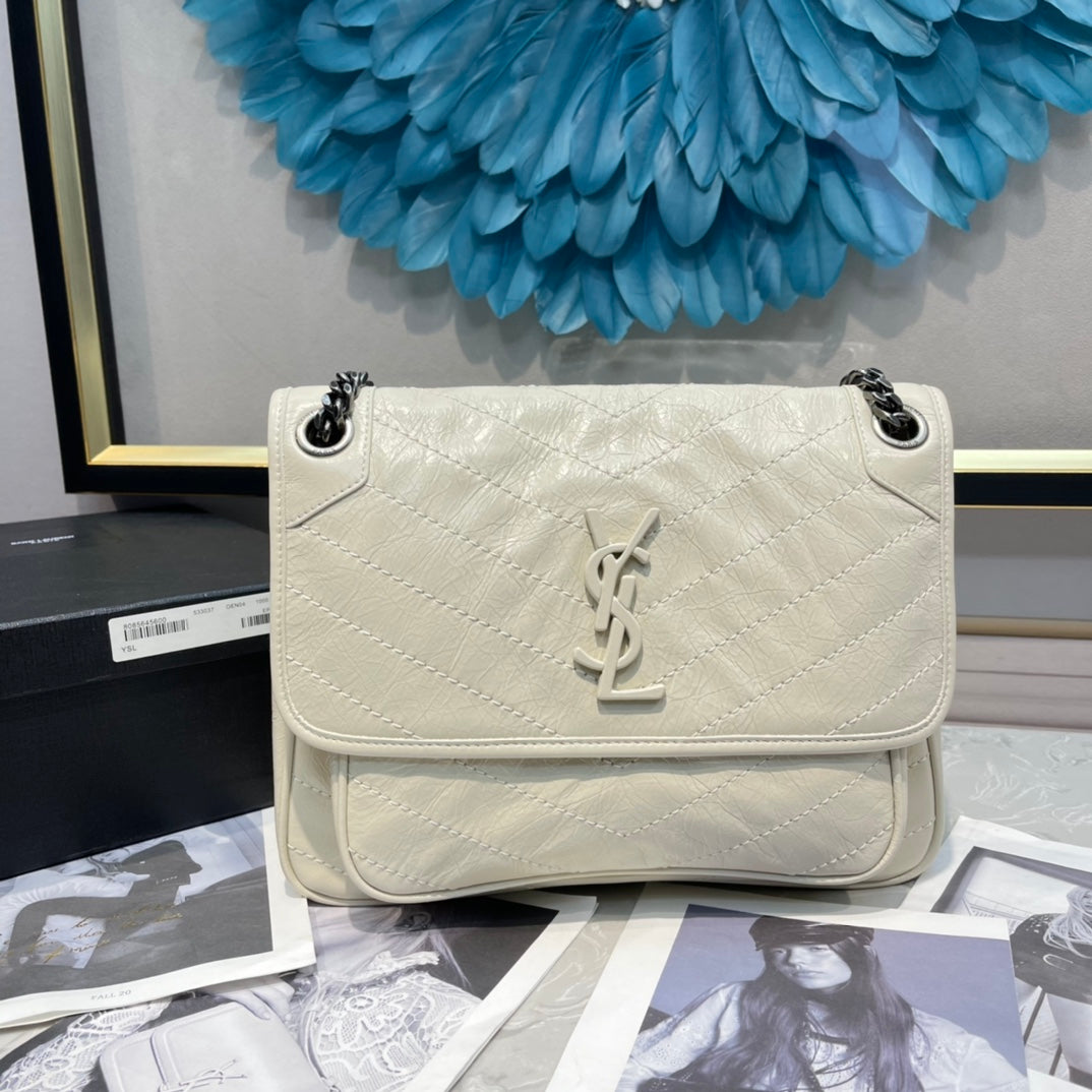 Saint Laurent Niki Medium Shoulder Bag in Quilted Vintage Leather - Cream
