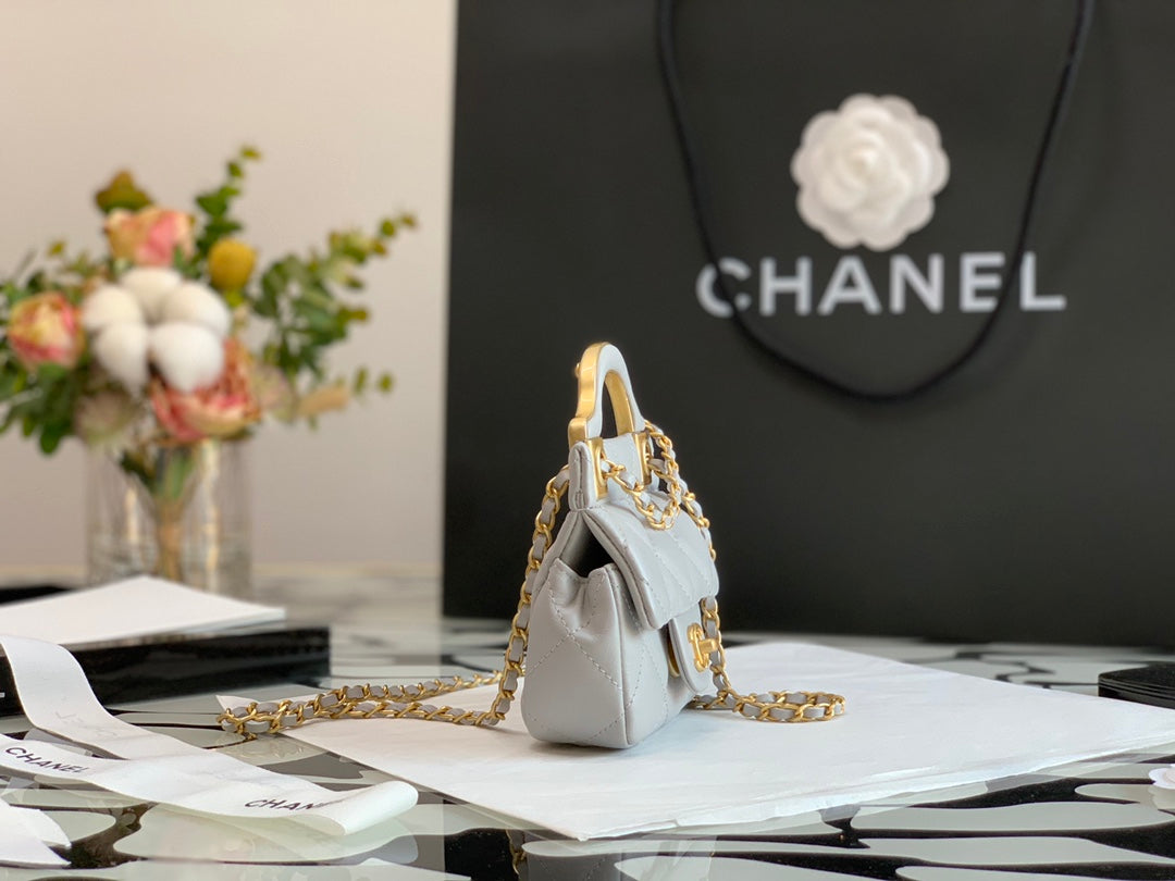 Chanel Mini Quilted Top Handle Flap Bag - Grey Lambskin with Gold Hardware