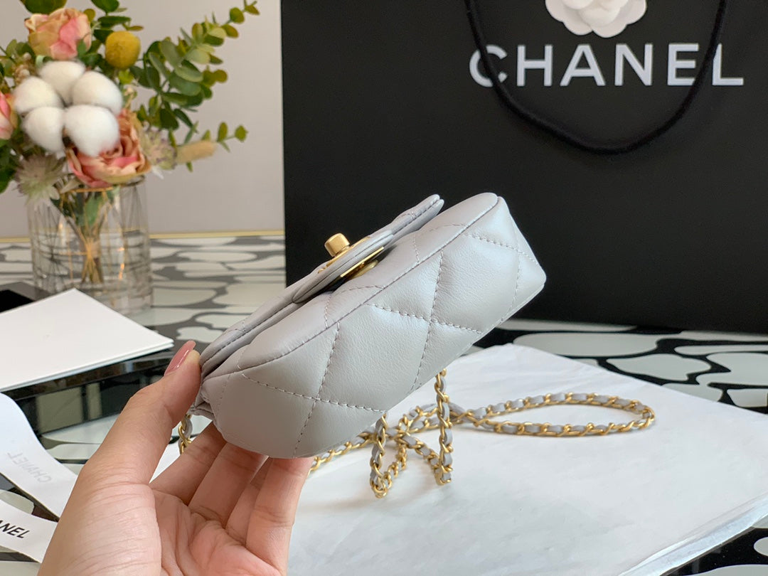 Chanel Mini Quilted Top Handle Flap Bag - Grey Lambskin with Gold Hardware