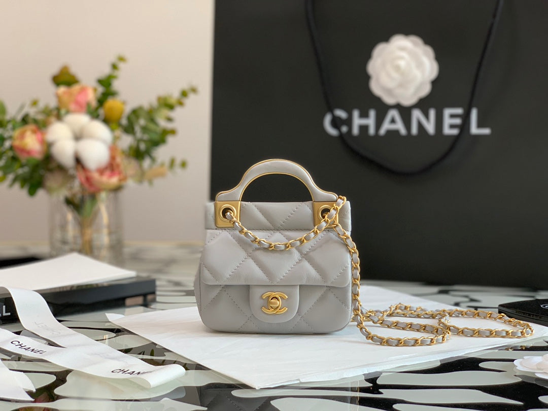 Chanel Mini Quilted Top Handle Flap Bag - Grey Lambskin with Gold Hardware