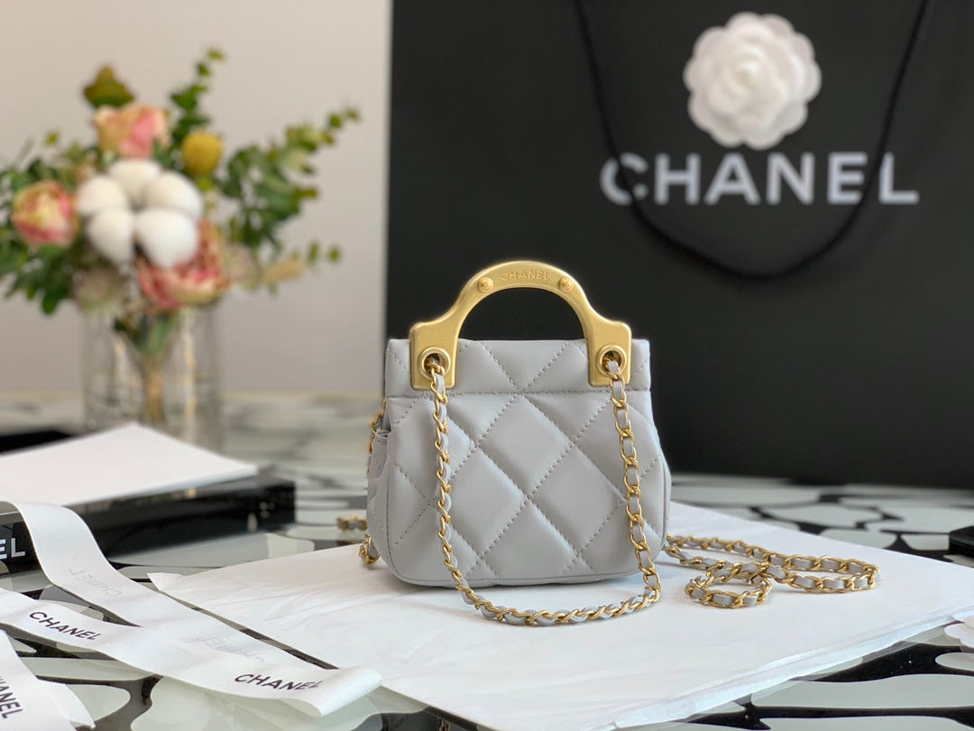 Chanel Mini Quilted Top Handle Flap Bag - Grey Lambskin with Gold Hardware
