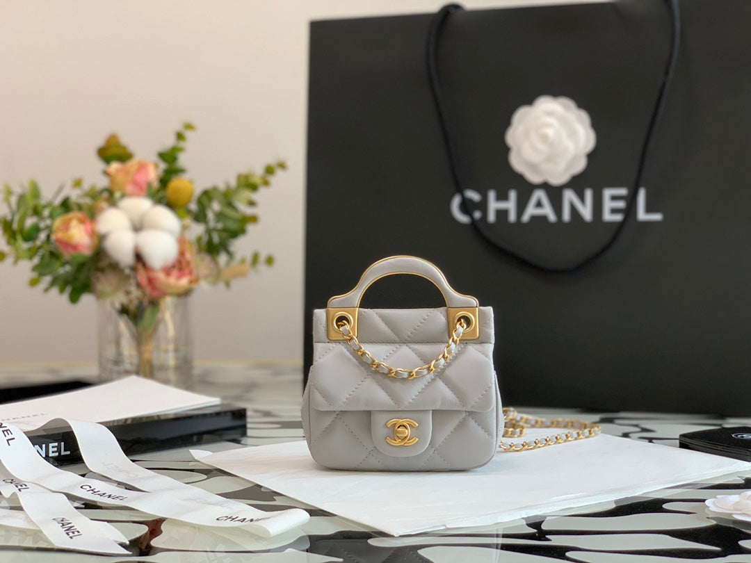 Chanel Mini Quilted Top Handle Flap Bag - Grey Lambskin with Gold Hardware