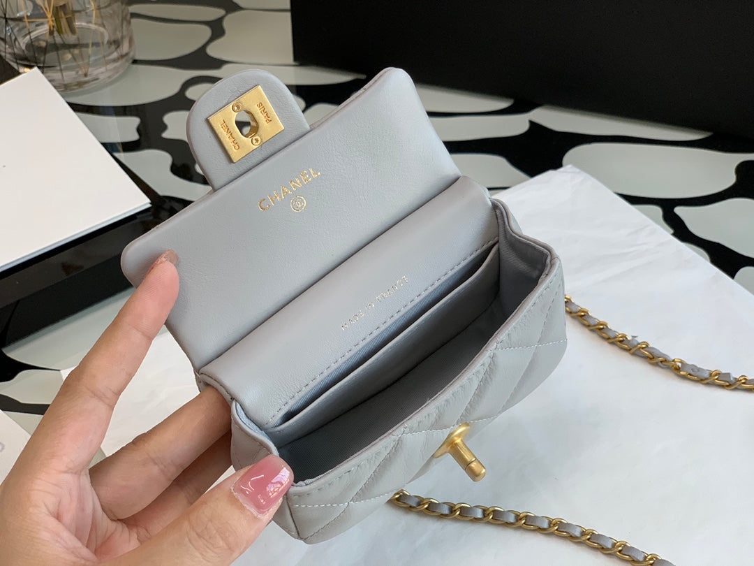 Chanel Mini Quilted Top Handle Flap Bag - Grey Lambskin with Gold Hardware