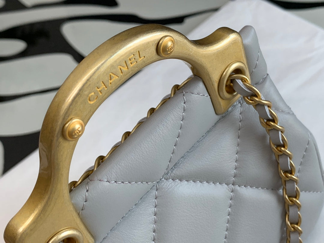 Chanel Mini Quilted Top Handle Flap Bag - Grey Lambskin with Gold Hardware