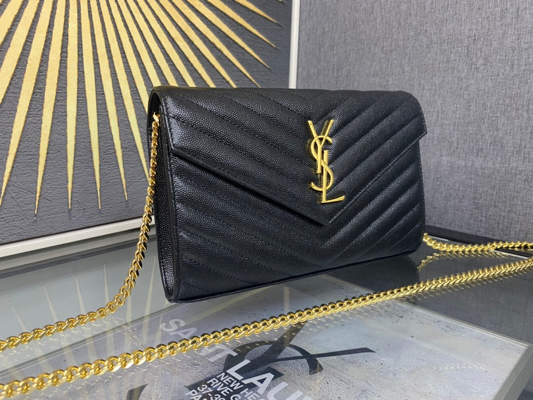 Saint Laurent Cassandre Matelassé Leather Wallet on Chain - Black/Gold
