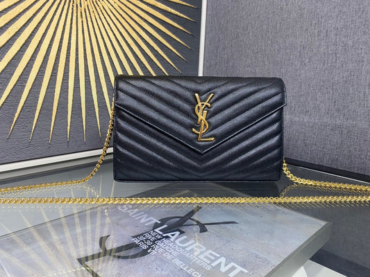 Saint Laurent Cassandre Matelassé Leather Wallet on Chain - Black/Gold