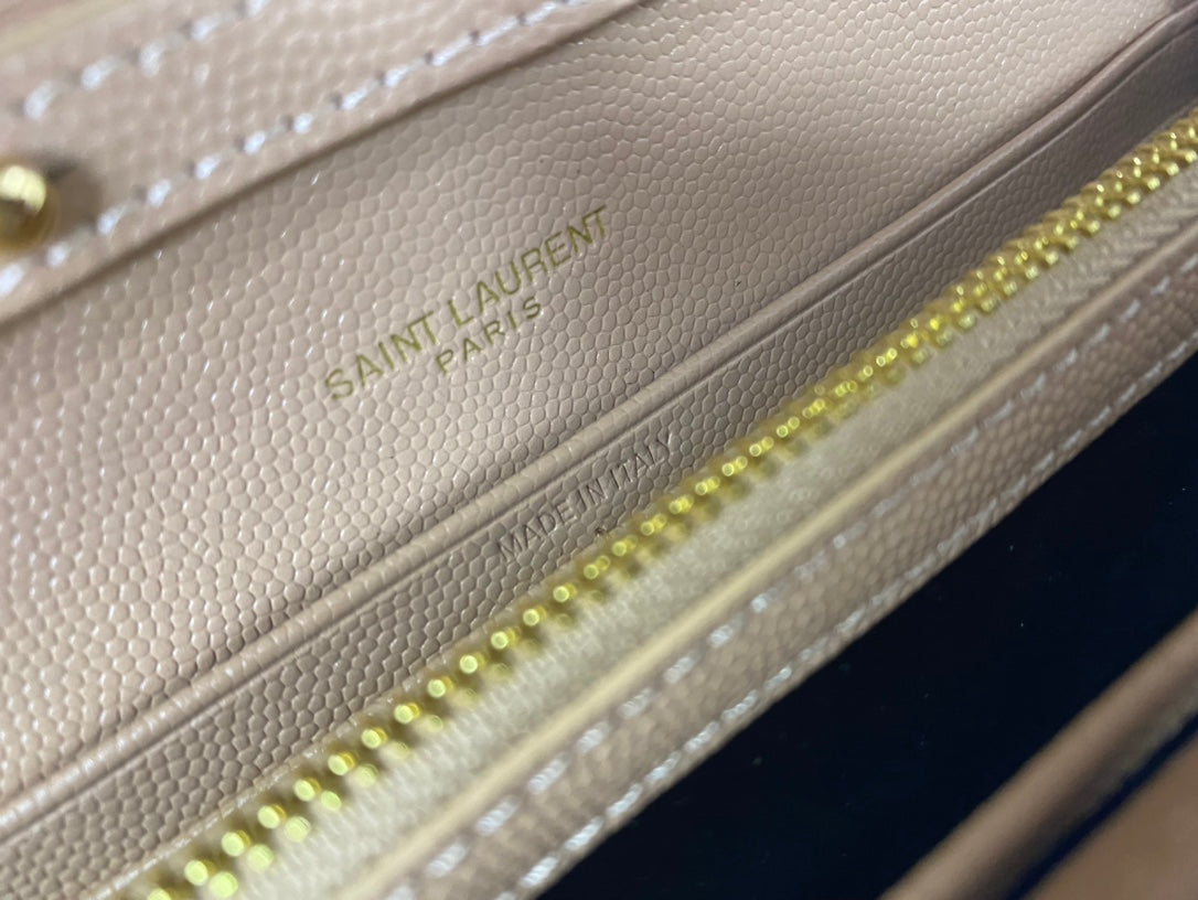 Saint Laurent Monogram Envelope Chain Wallet in Beige Quilted Leather