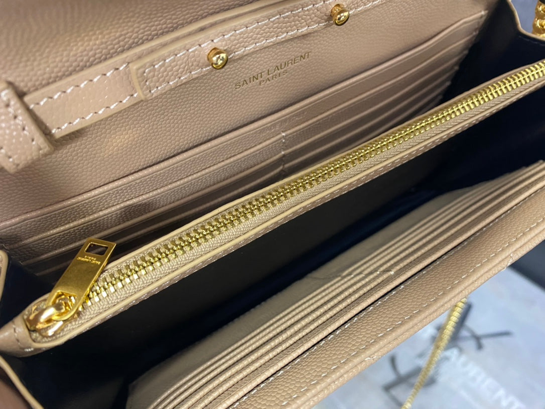 Saint Laurent Monogram Envelope Chain Wallet in Beige Quilted Leather