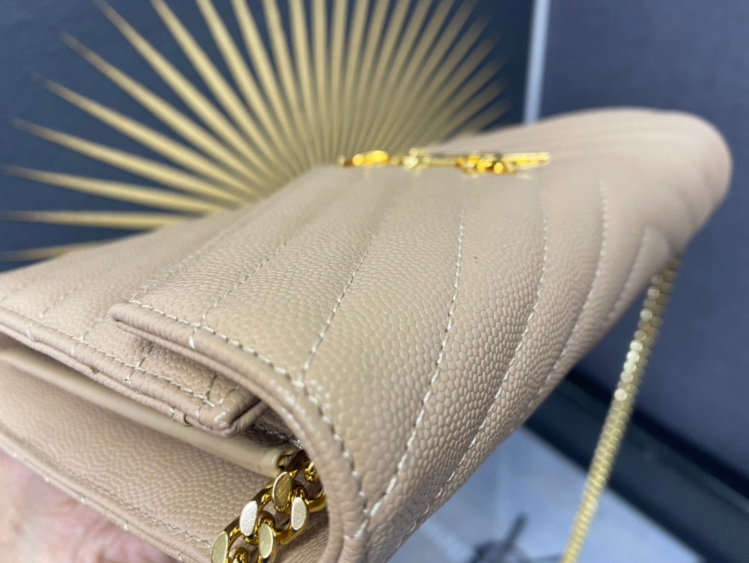Saint Laurent Monogram Envelope Chain Wallet in Beige Quilted Leather