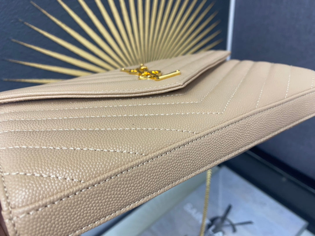 Saint Laurent Monogram Envelope Chain Wallet in Beige Quilted Leather