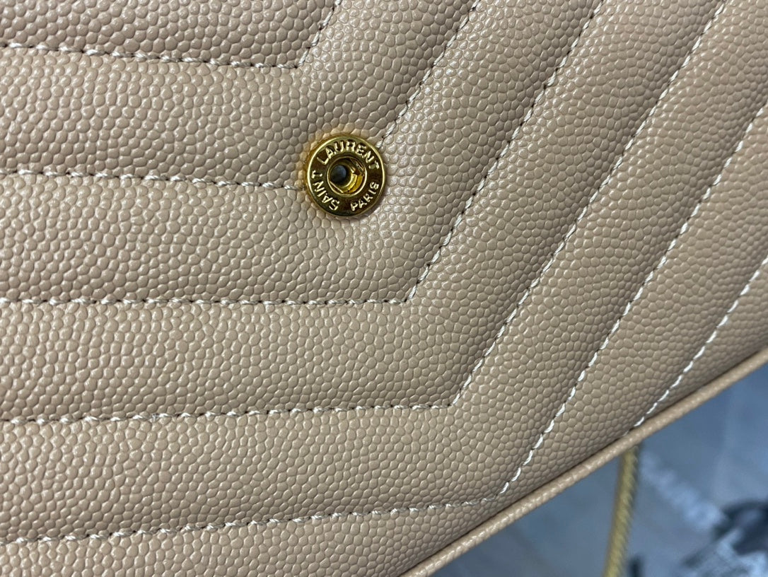 Saint Laurent Monogram Envelope Chain Wallet in Beige Quilted Leather