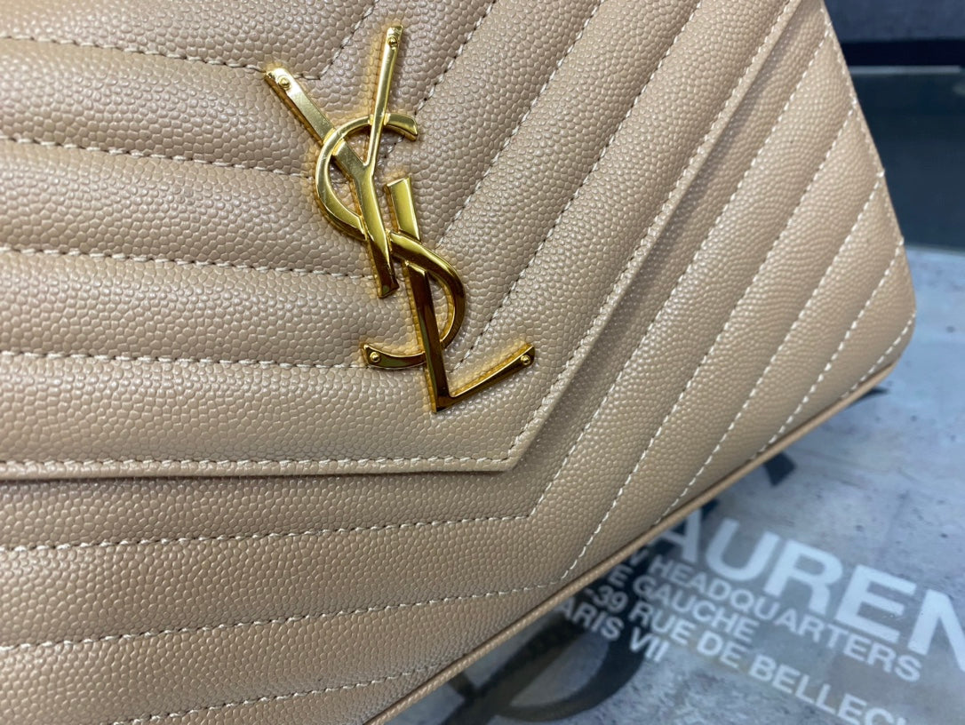 Saint Laurent Monogram Envelope Chain Wallet in Beige Quilted Leather