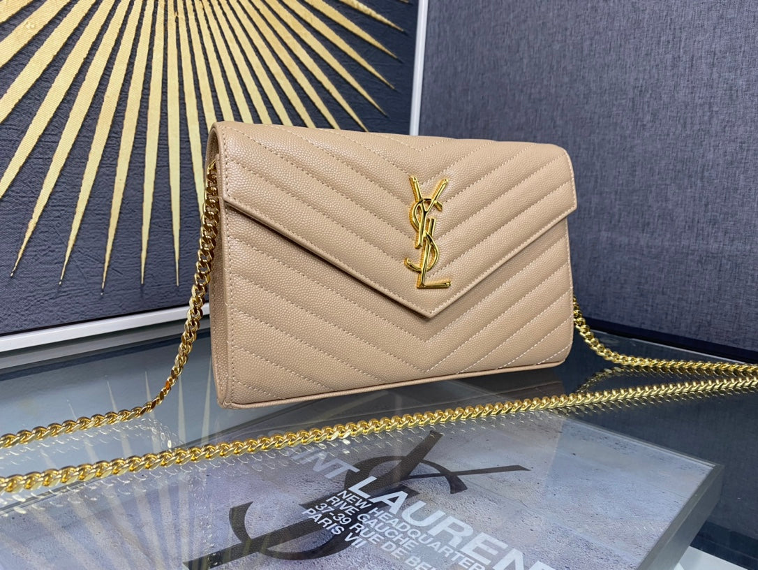 Saint Laurent Monogram Envelope Chain Wallet in Beige Quilted Leather