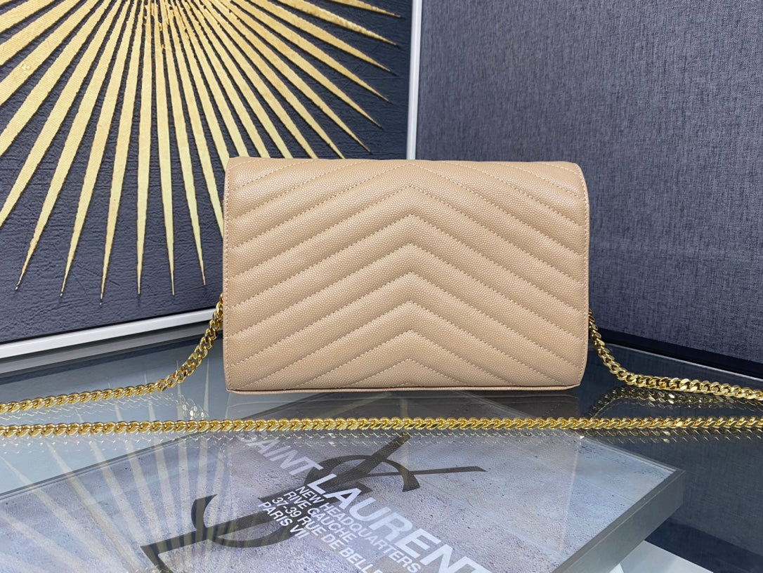 Saint Laurent Monogram Envelope Chain Wallet in Beige Quilted Leather