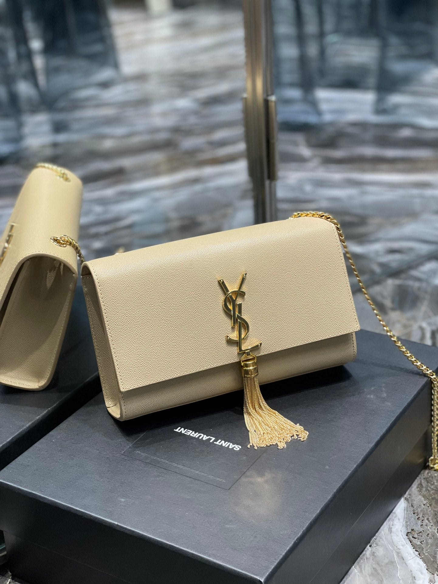 Saint Laurent Kate Small Tassel Chain Bag in Beige Leather