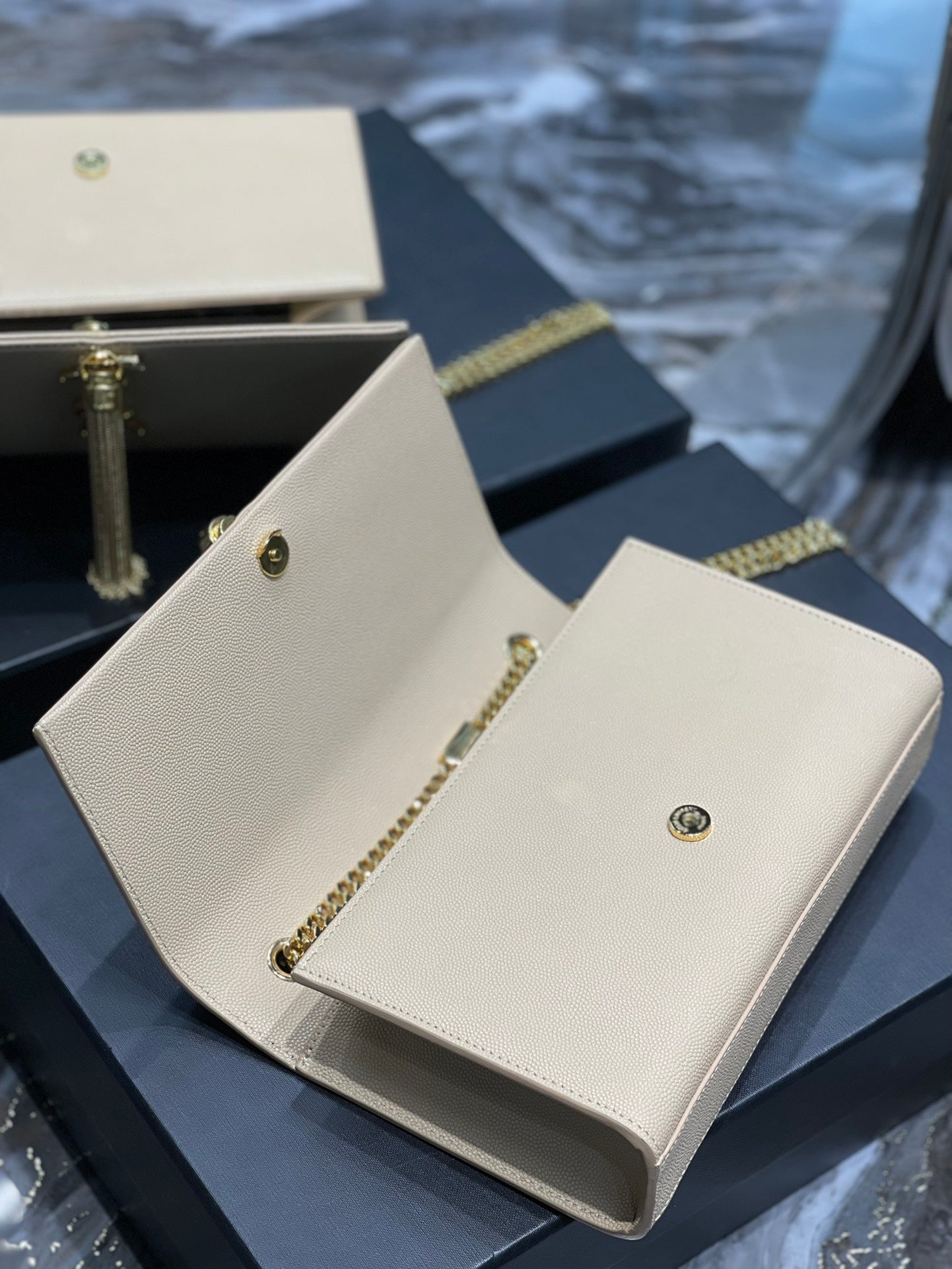 Saint Laurent Kate Small Tassel Chain Bag in Beige Leather