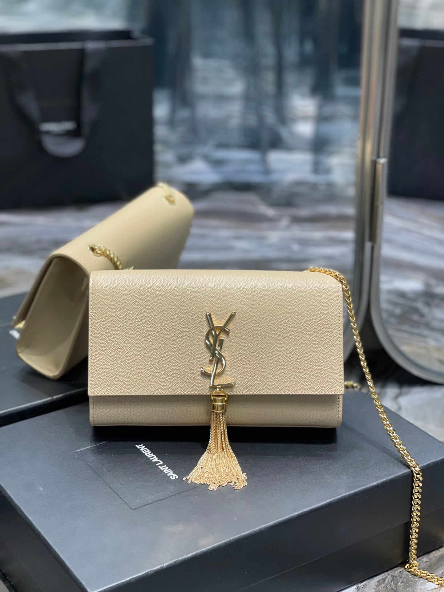 Saint Laurent Kate Small Tassel Chain Bag in Beige Leather