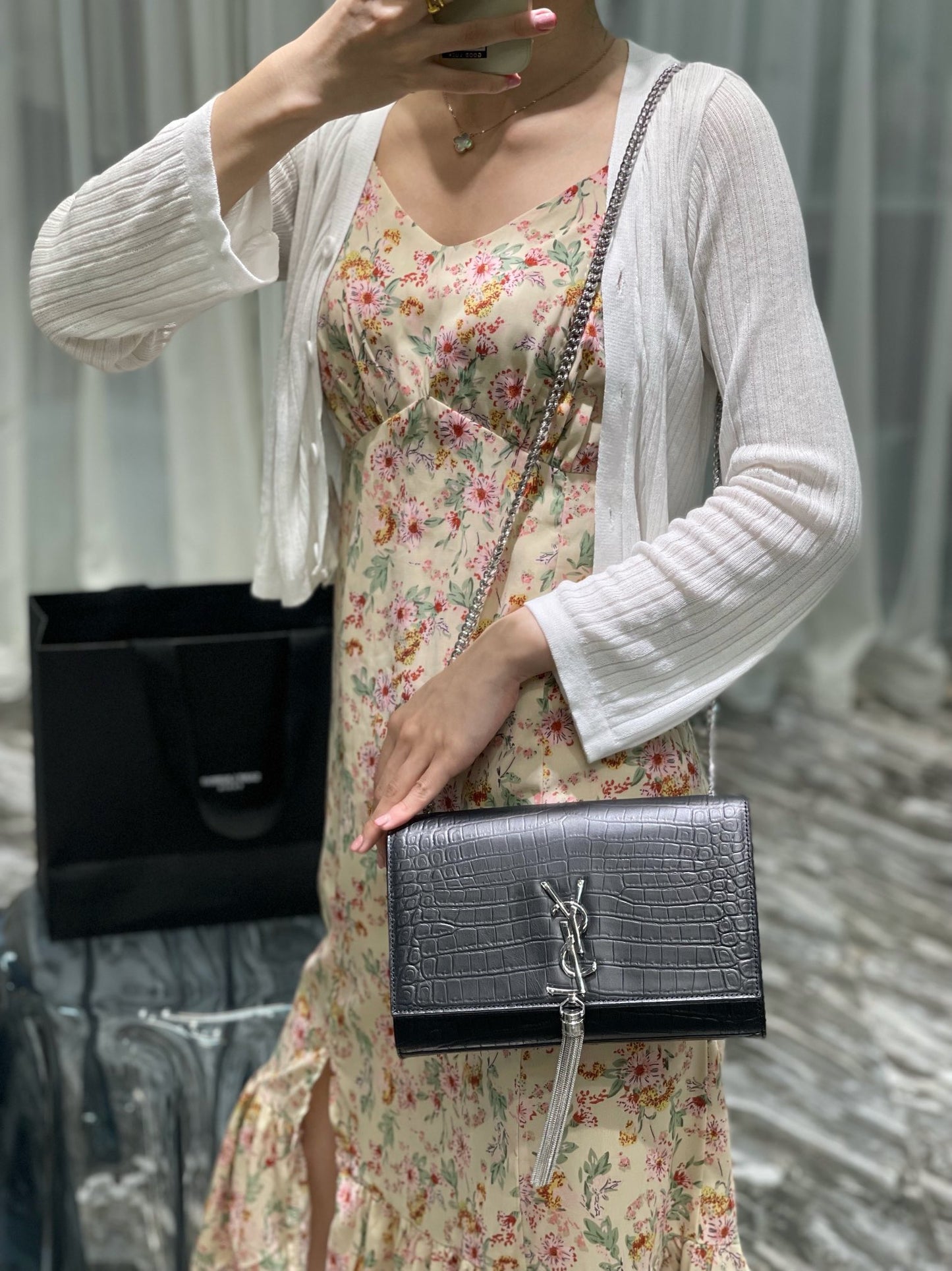 Women's Black Crocodile Embossed Clutch Bag with Tassel and Silver Logo - Elegant Evening Crossbody Handbag
