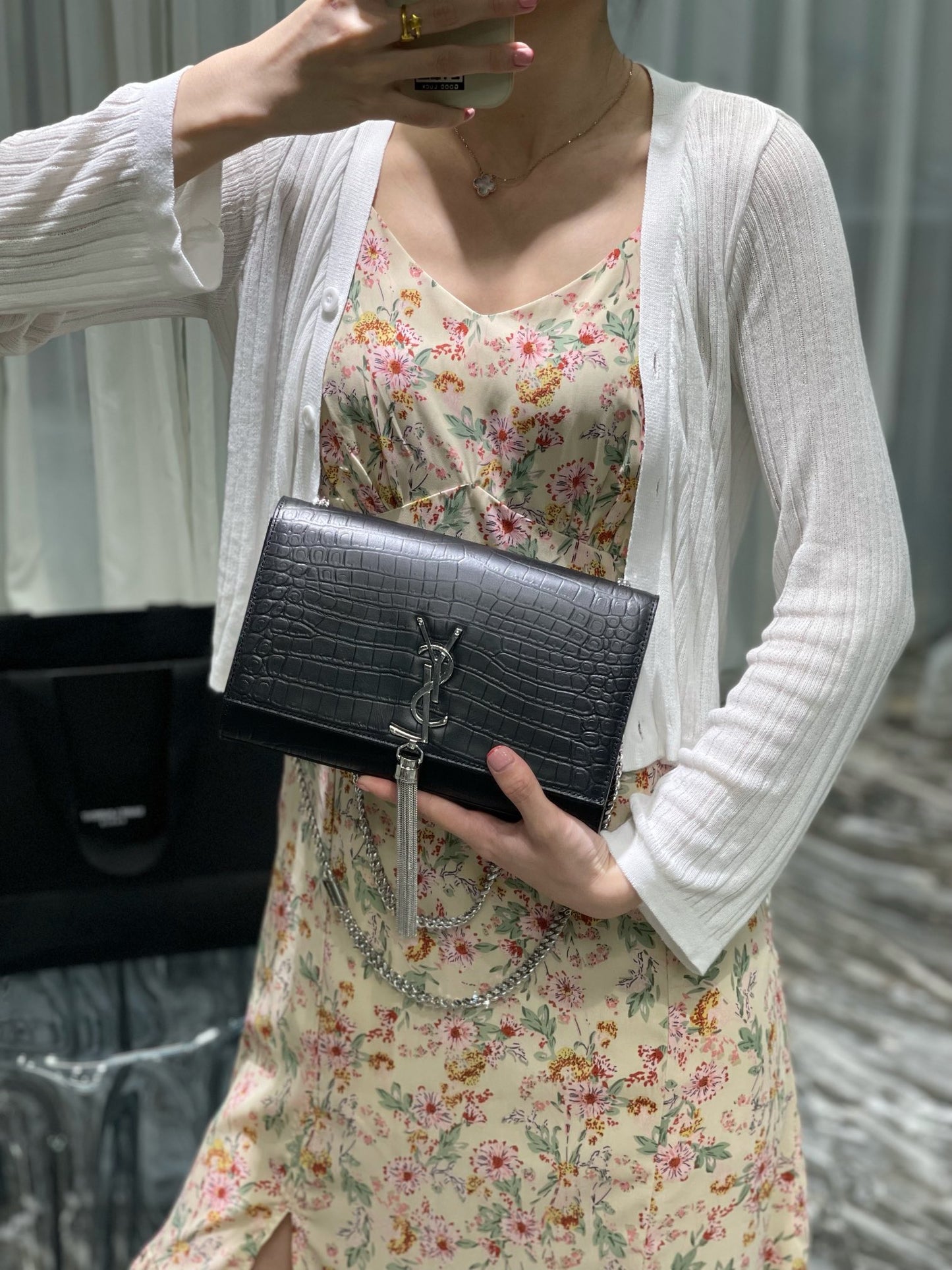 Women's Black Crocodile Embossed Clutch Bag with Tassel and Silver Logo - Elegant Evening Crossbody Handbag