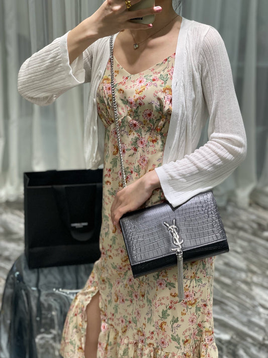 Women's Black Crocodile Embossed Clutch Bag with Tassel and Silver Logo - Elegant Evening Crossbody Handbag