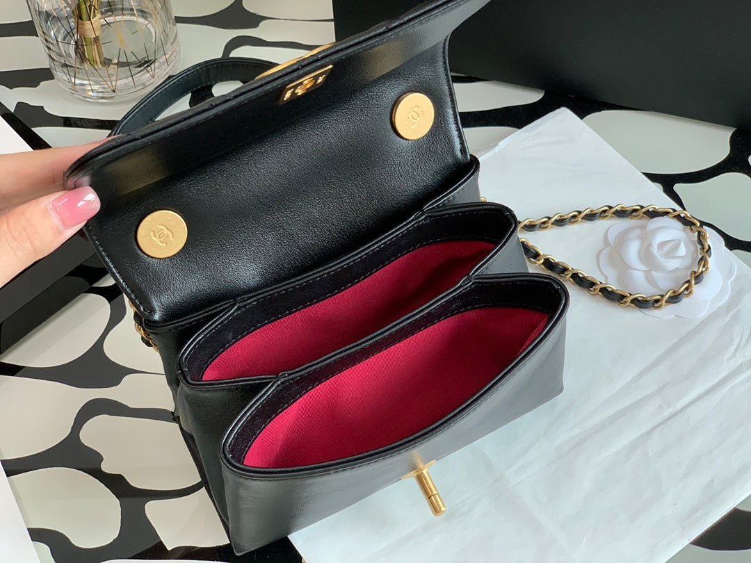 Chanel Black Quilted Lambskin Mini Flap Bag with Pearl-Accented Chunky Gold Chain