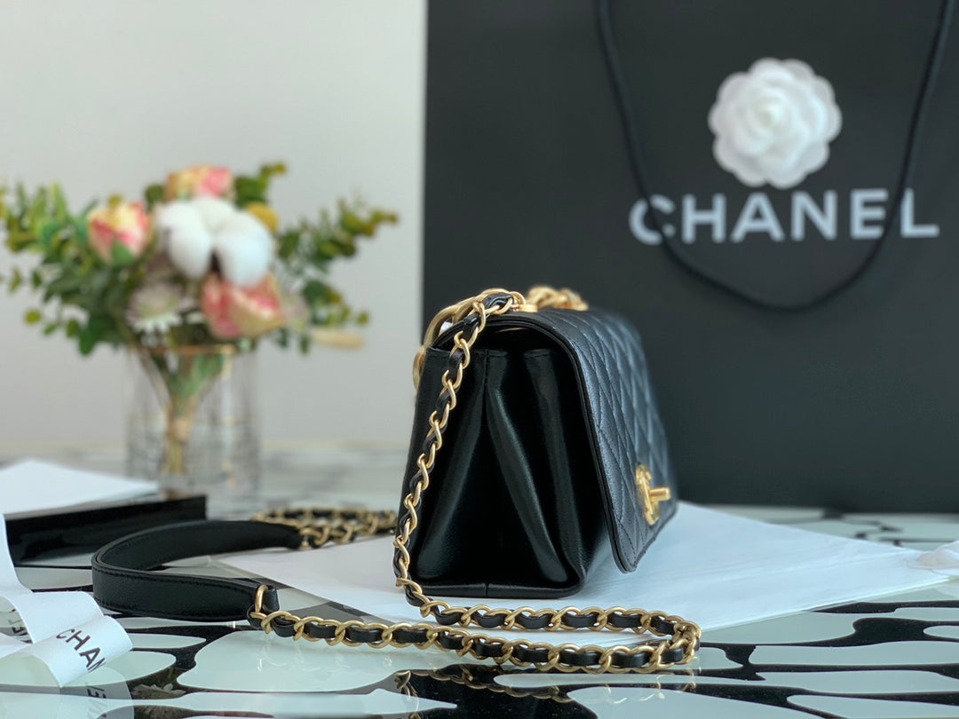 Chanel Black Quilted Lambskin Mini Flap Bag with Pearl-Accented Chunky Gold Chain