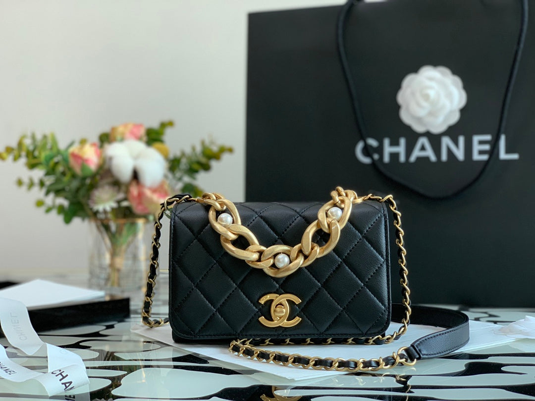 Chanel Black Quilted Lambskin Mini Flap Bag with Pearl-Accented Chunky Gold Chain