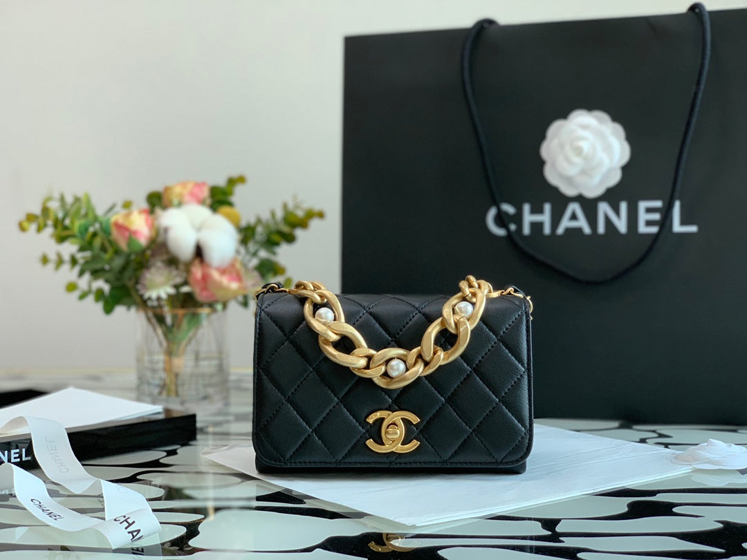 Chanel Black Quilted Lambskin Mini Flap Bag with Pearl-Accented Chunky Gold Chain