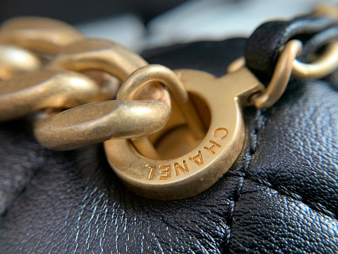 Chanel Black Quilted Lambskin Mini Flap Bag with Pearl-Accented Chunky Gold Chain