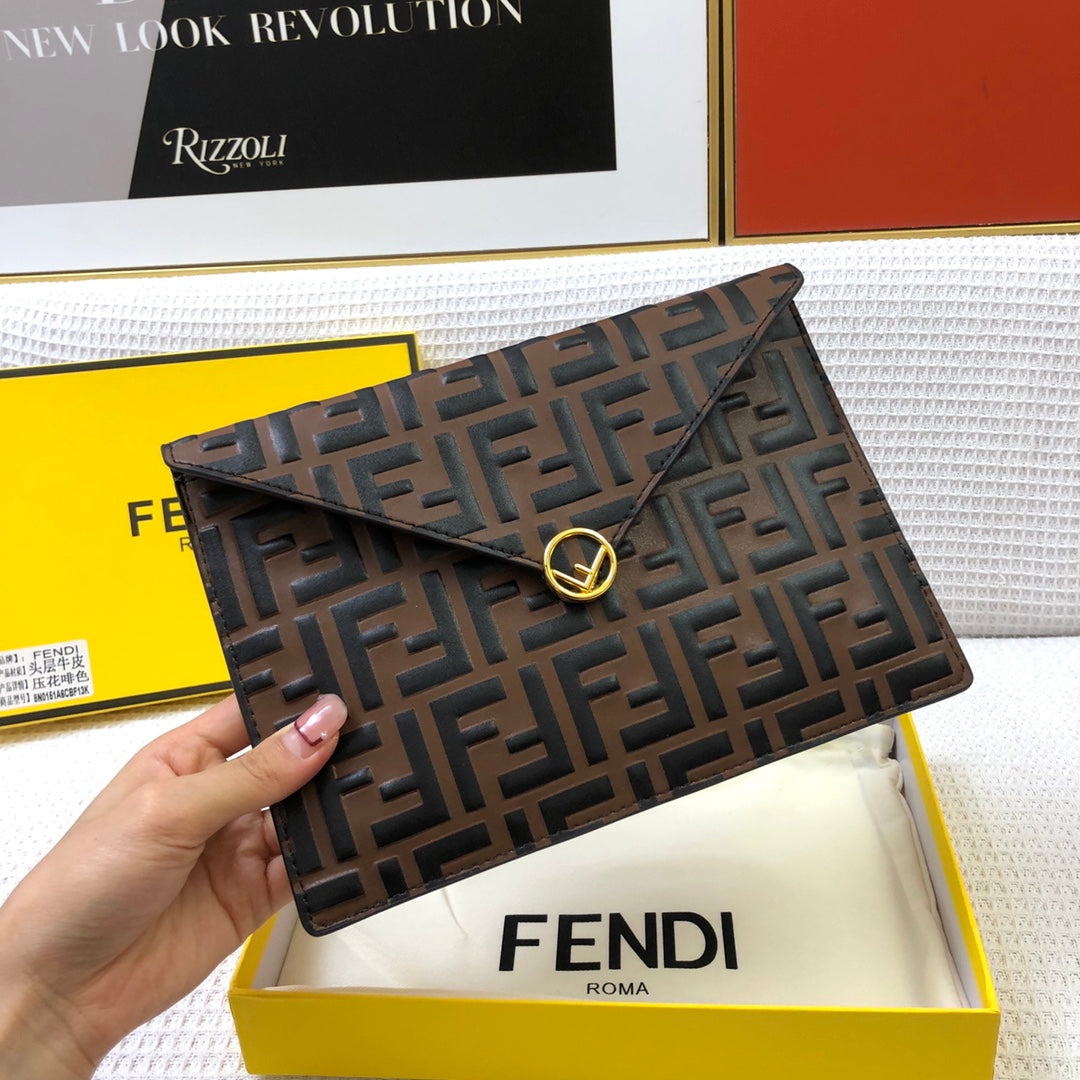 Fendi Brown FF Embossed Leather Envelope Pouch Clutch Bag