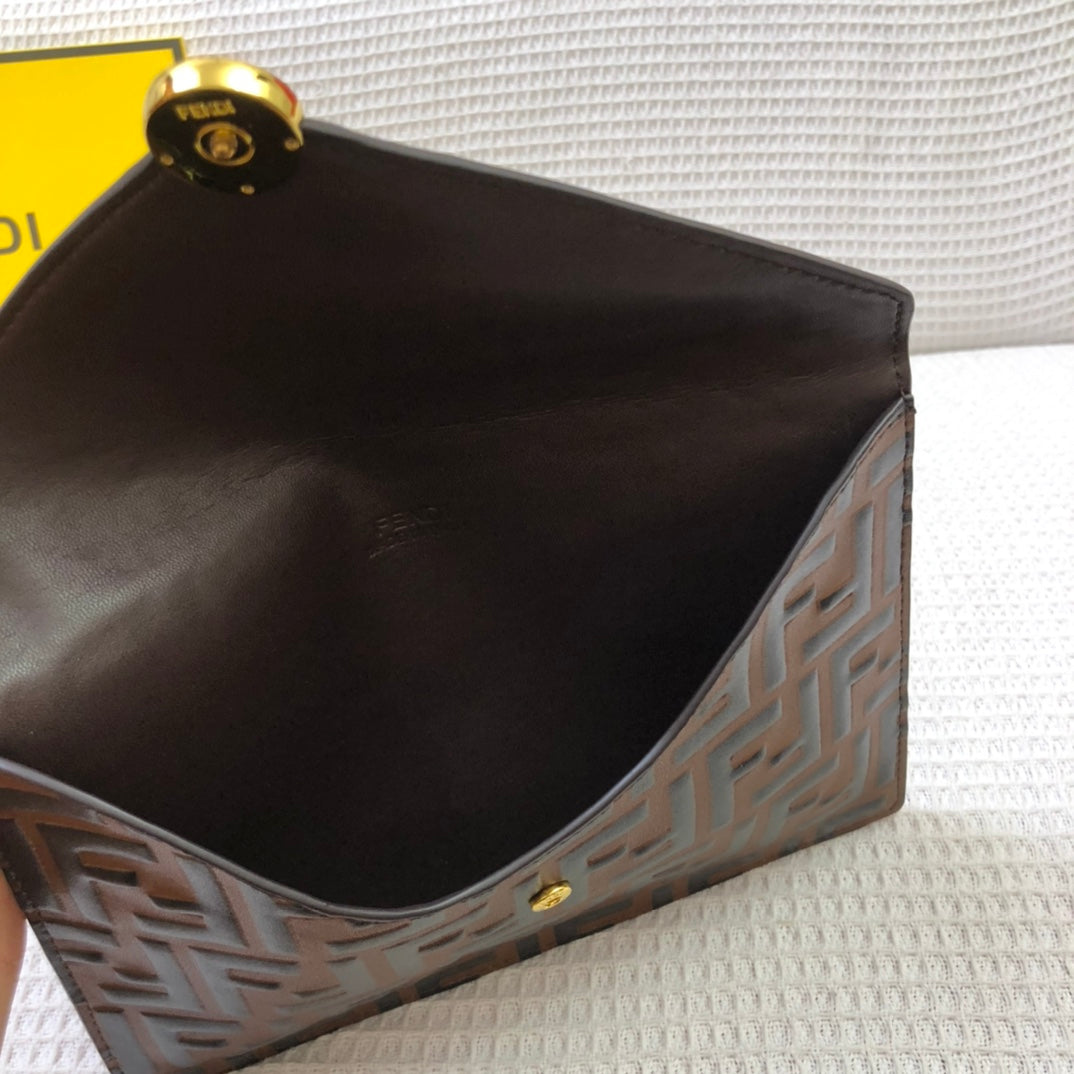 Fendi Brown FF Embossed Leather Envelope Clutch Pouch with Packaging