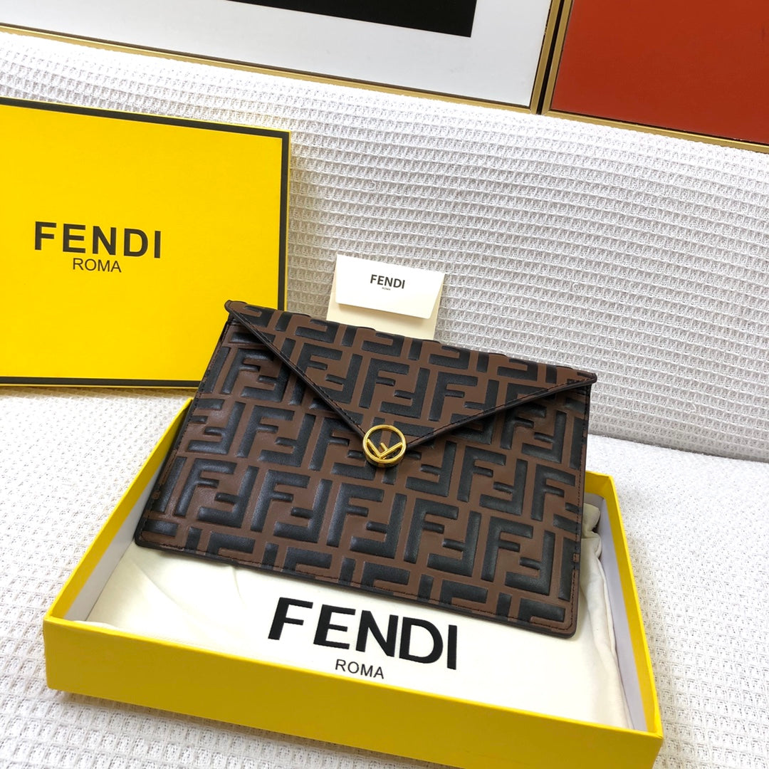 Fendi Brown FF Embossed Leather Envelope Pouch Clutch Bag