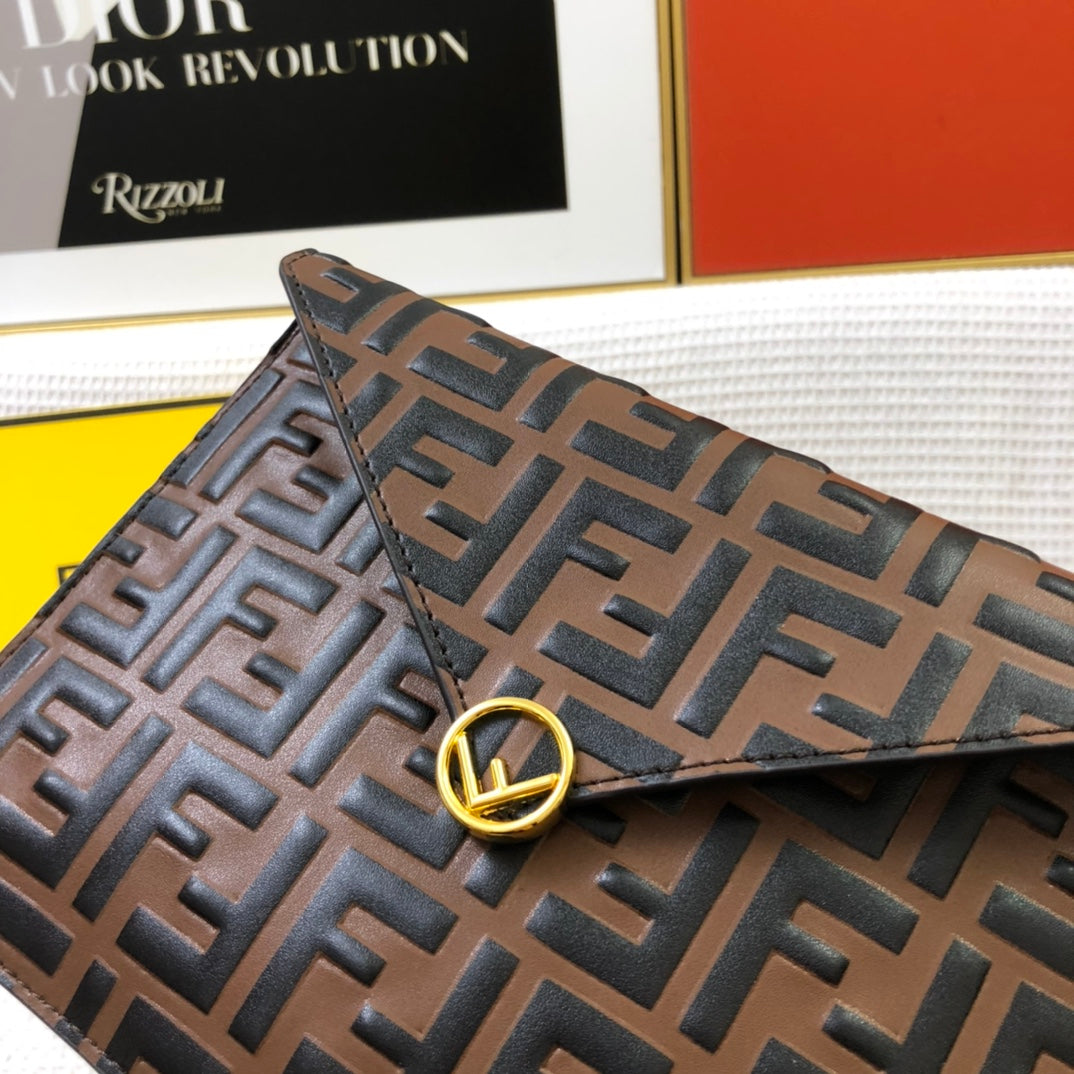 Fendi Brown FF Embossed Leather Envelope Clutch Pouch with Packaging