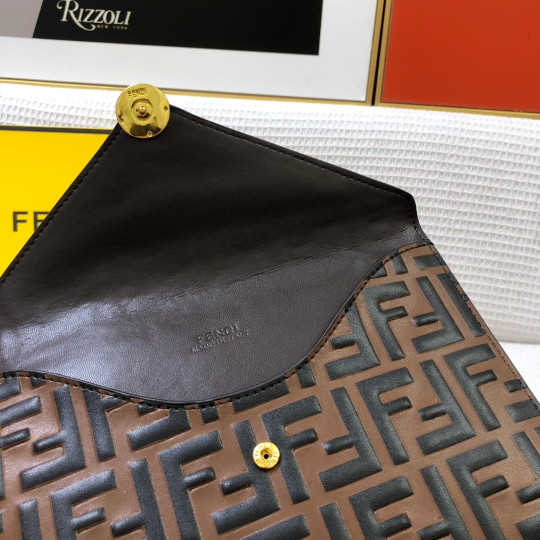 Fendi Brown FF Embossed Leather Envelope Clutch Pouch with Packaging
