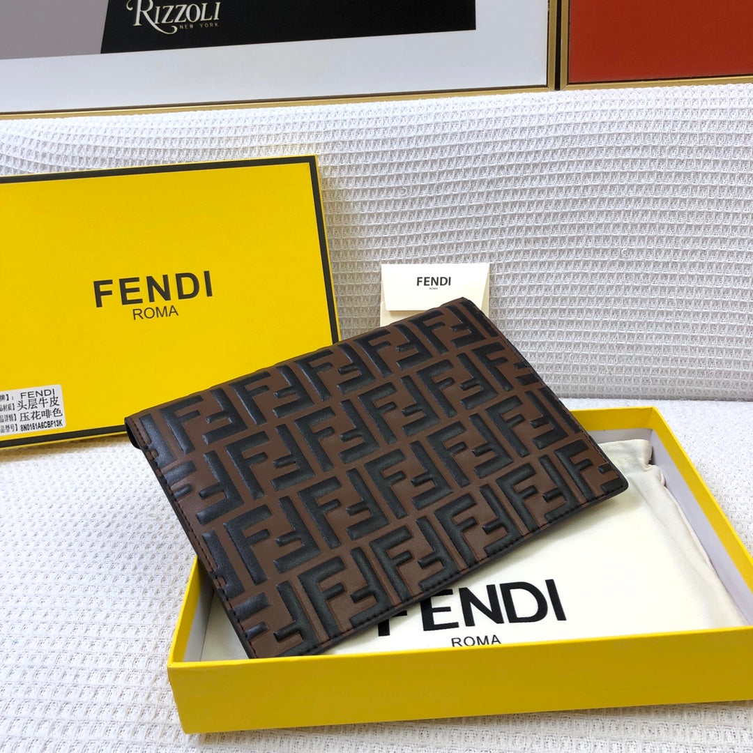 Fendi Brown FF Embossed Leather Envelope Pouch Clutch Bag