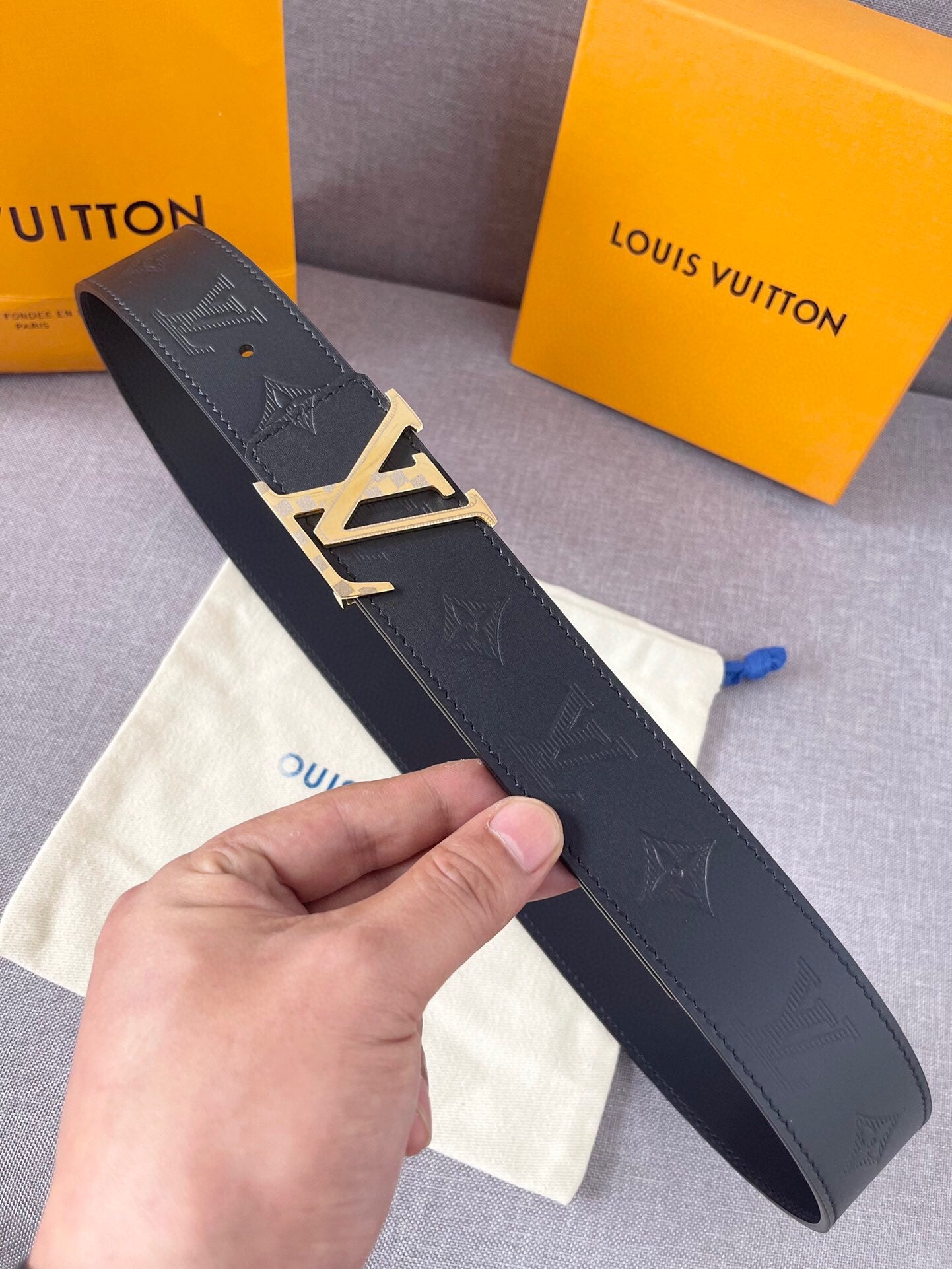 Louis Vuitton LV Initiales Belt Monogram Shadow Black Leather with Gold Buckle, 40mm Men's Designer Fashion Accessory with Box and Dust Bag