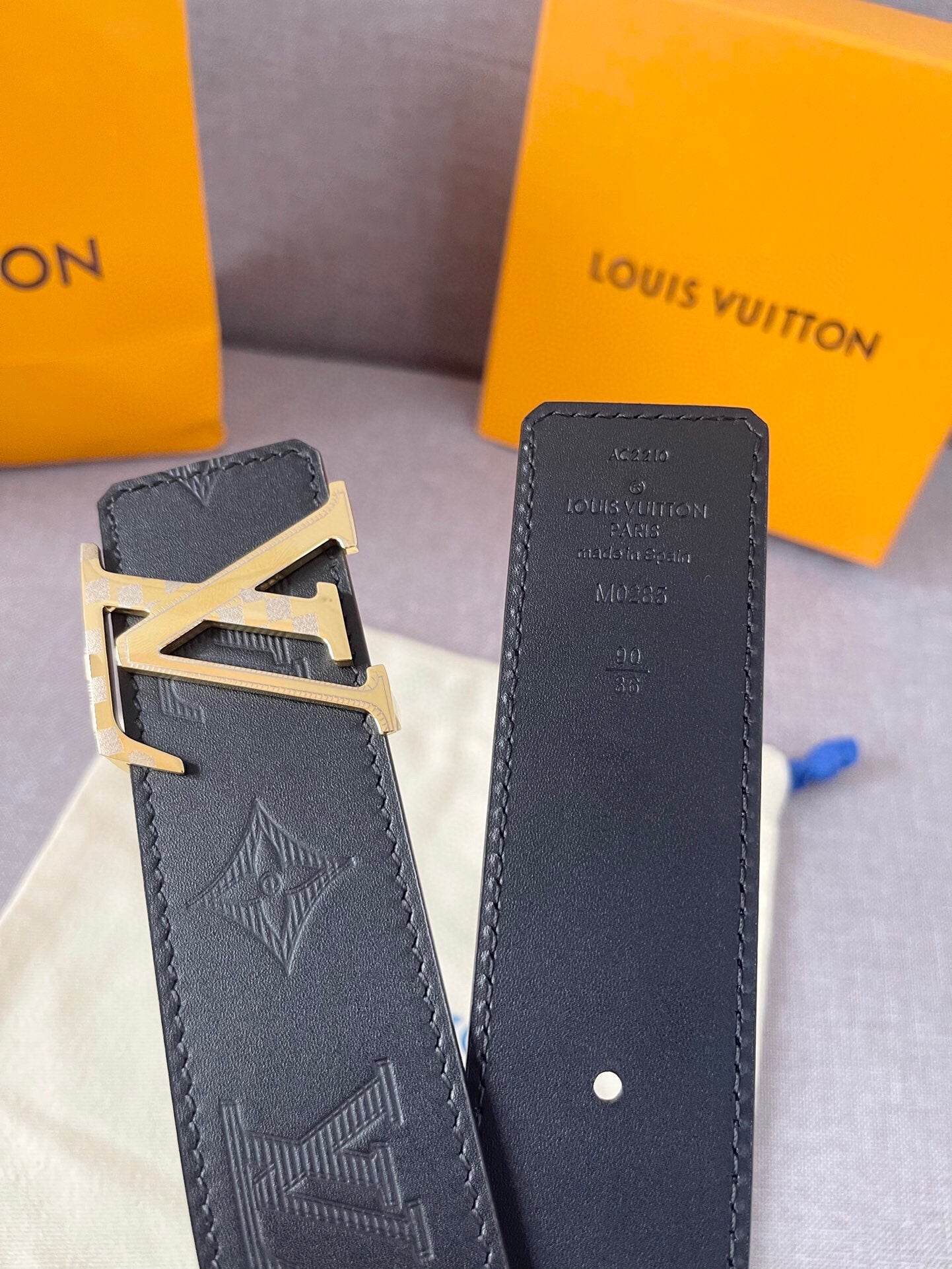 Louis Vuitton LV Initiales Belt Monogram Shadow Black Leather with Gold Buckle, 40mm Men's Designer Fashion Accessory with Box and Dust Bag