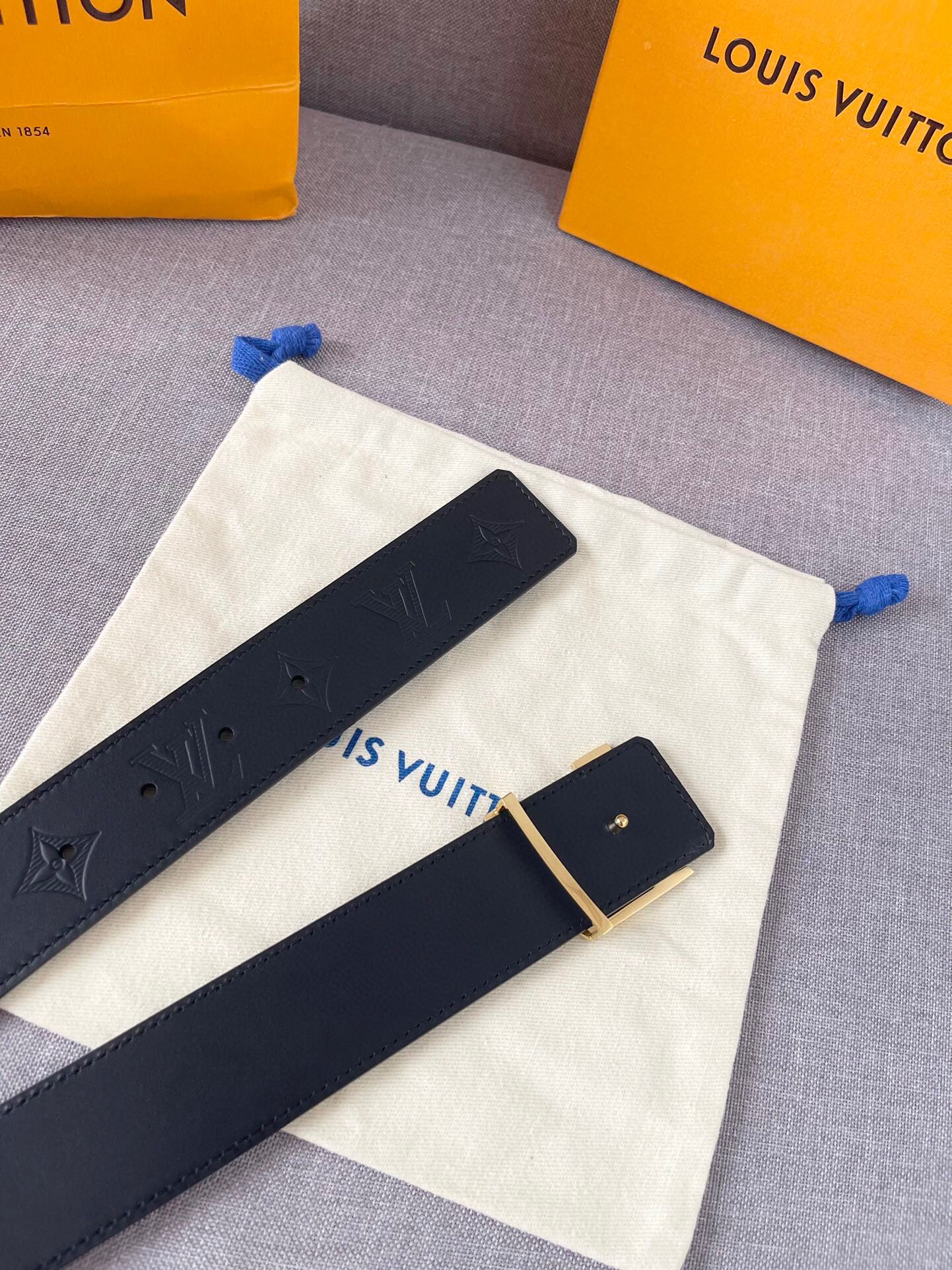 Louis Vuitton LV Initiales Belt Monogram Shadow Black Leather with Gold Buckle, 40mm Men's Designer Fashion Accessory with Box and Dust Bag