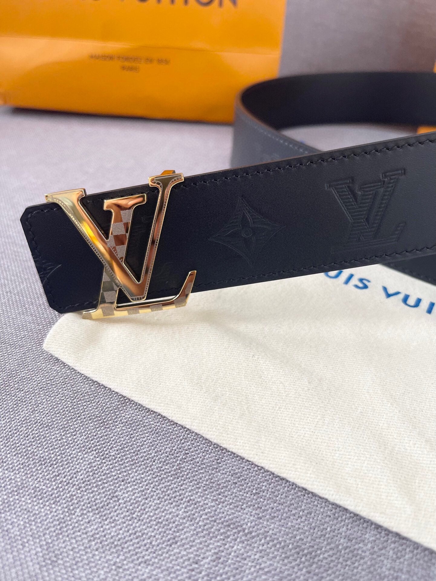 Louis Vuitton LV Initiales Belt Monogram Shadow Black Leather with Gold Buckle, 40mm Men's Designer Fashion Accessory with Box and Dust Bag