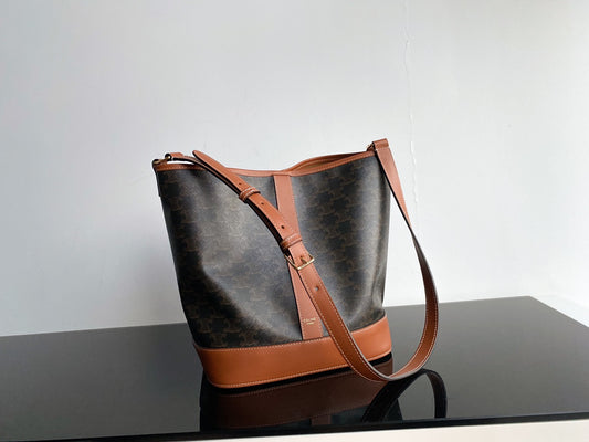 Women's Triomphe Canvas Small Bucket Bag in Tan and Brown Monogram