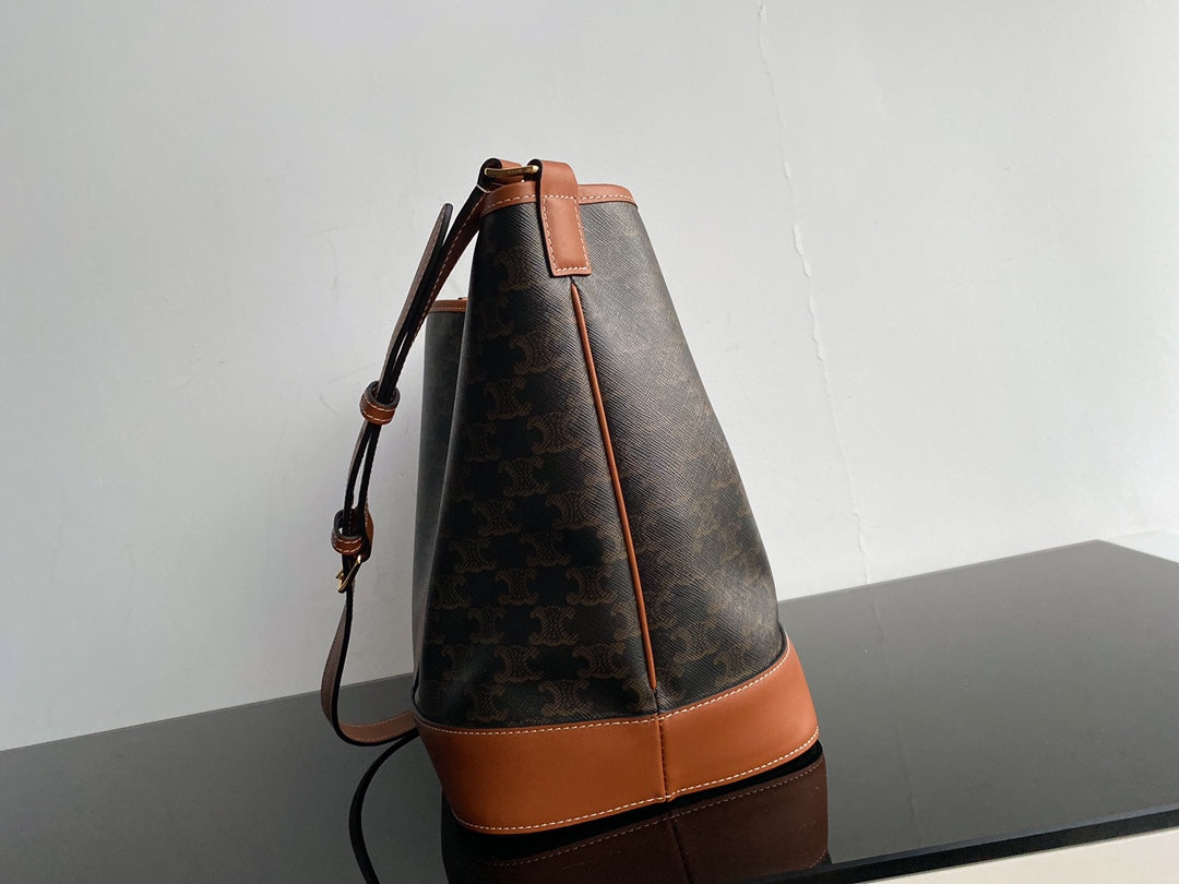Women's Triomphe Canvas Small Bucket Bag in Tan and Brown Monogram